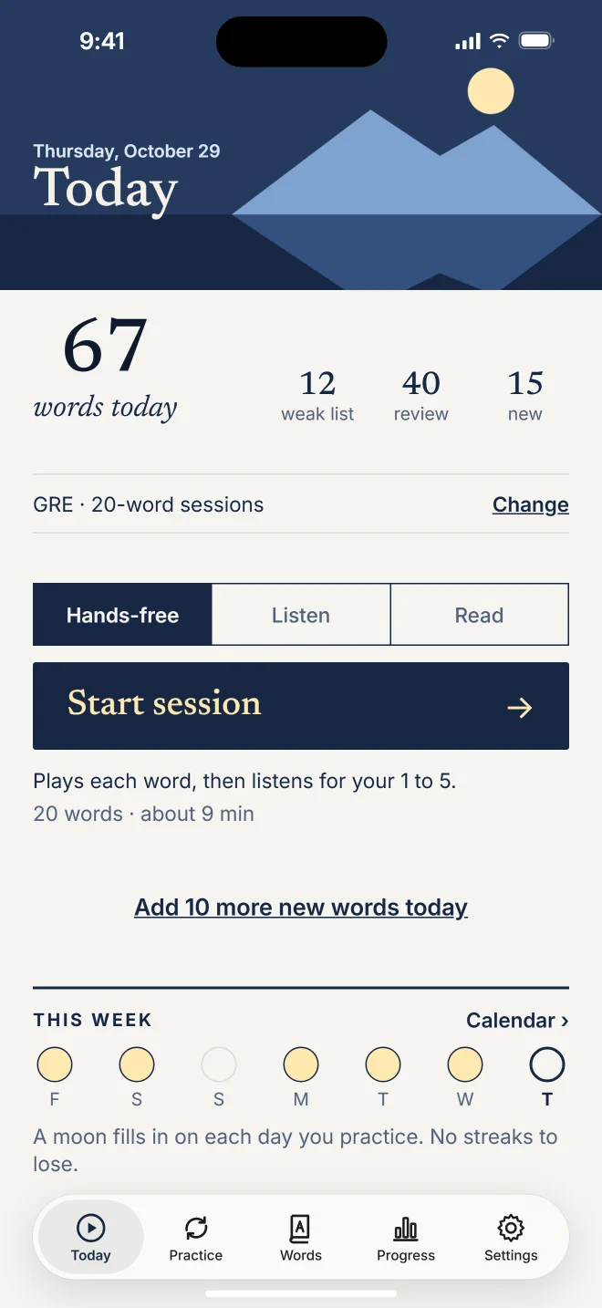 Today: 67 words today, split into weak list, review and new, with Hands-free, Listen and Read.
