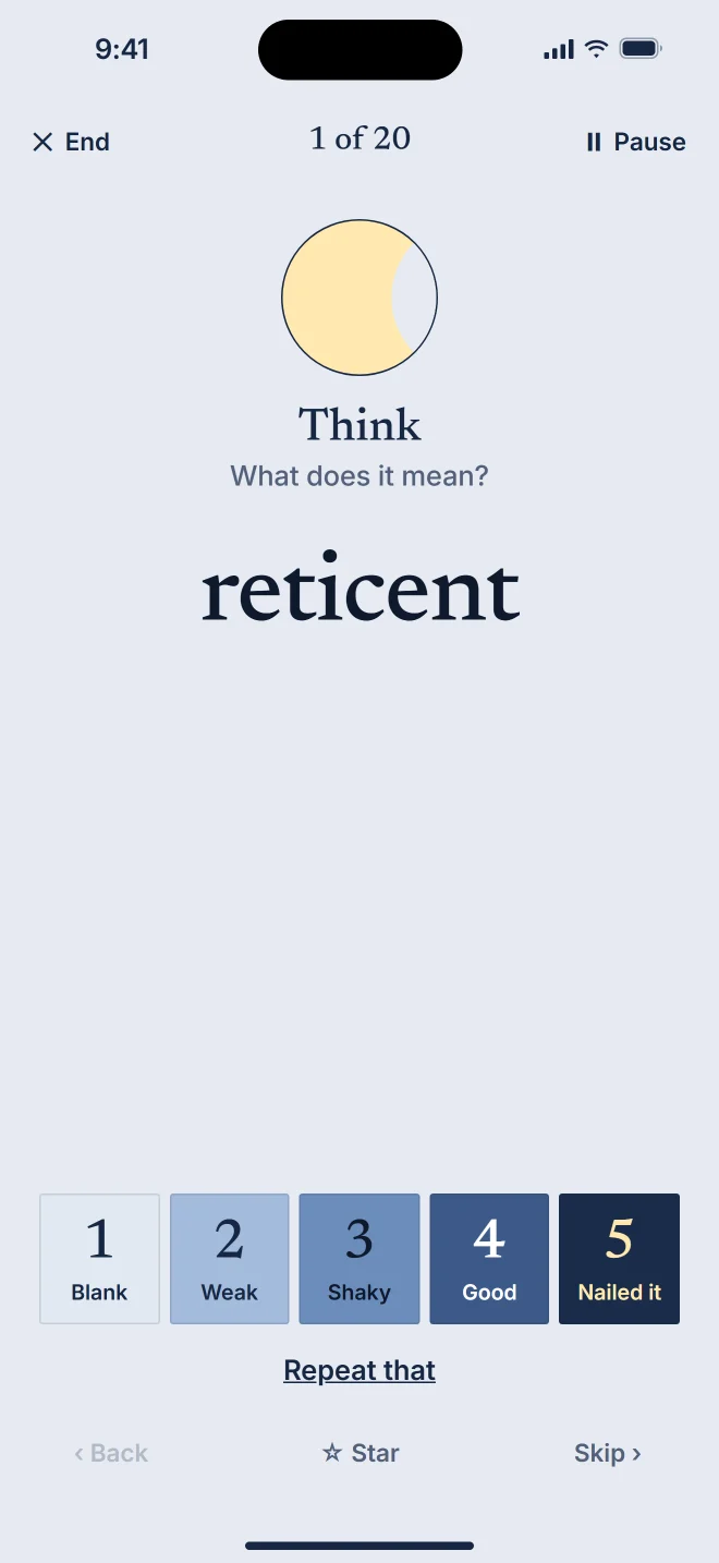 The session screen while thinking: the word reticent under a waning moon, with rating keys 1 to 5 below.