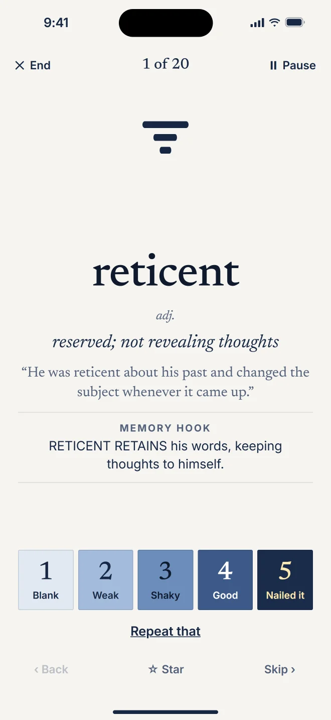 The answer card for the word reticent.