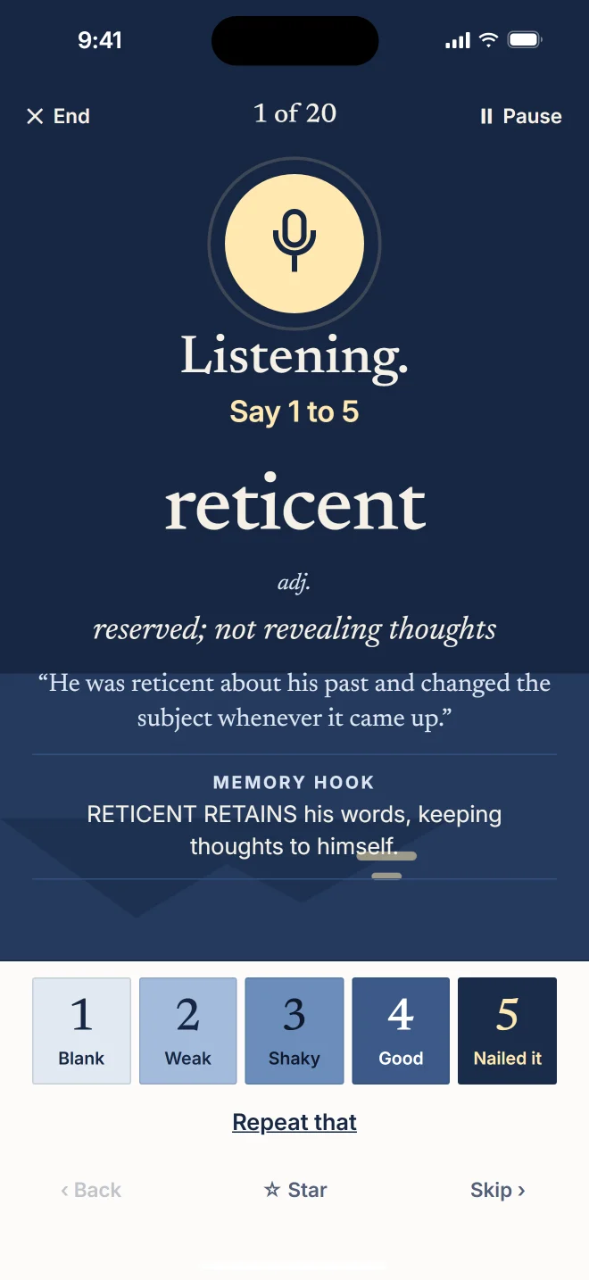 The listening screen, waiting for a spoken rating from 1 to 5.