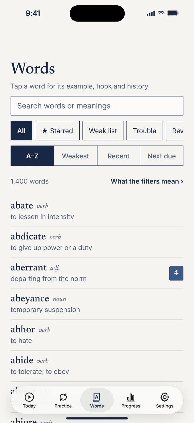 Words: search, filters, and the word list with parts of speech and last ratings.