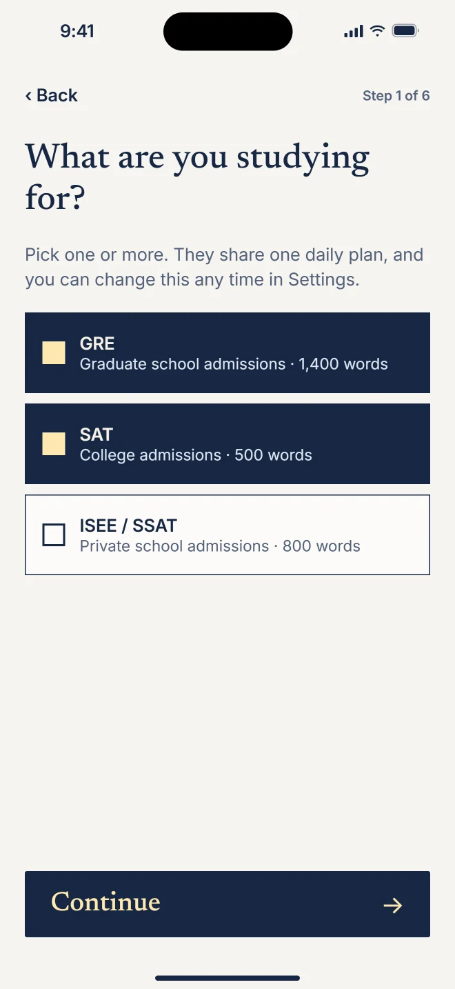 First run: what are you studying for? GRE, SAT, and ISEE / SSAT, with word counts.
