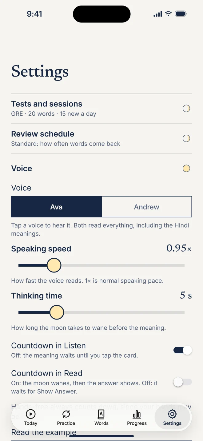 Settings, Voice: Ava or Andrew, speaking speed and thinking time sliders.